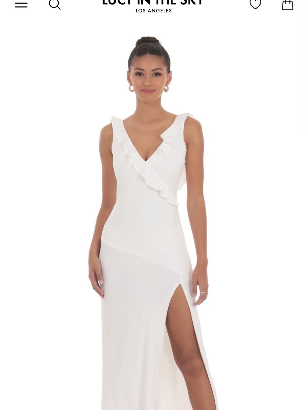 Lucy in the Sky White Ruffled V-Neck Maxi Dress with Side Slit